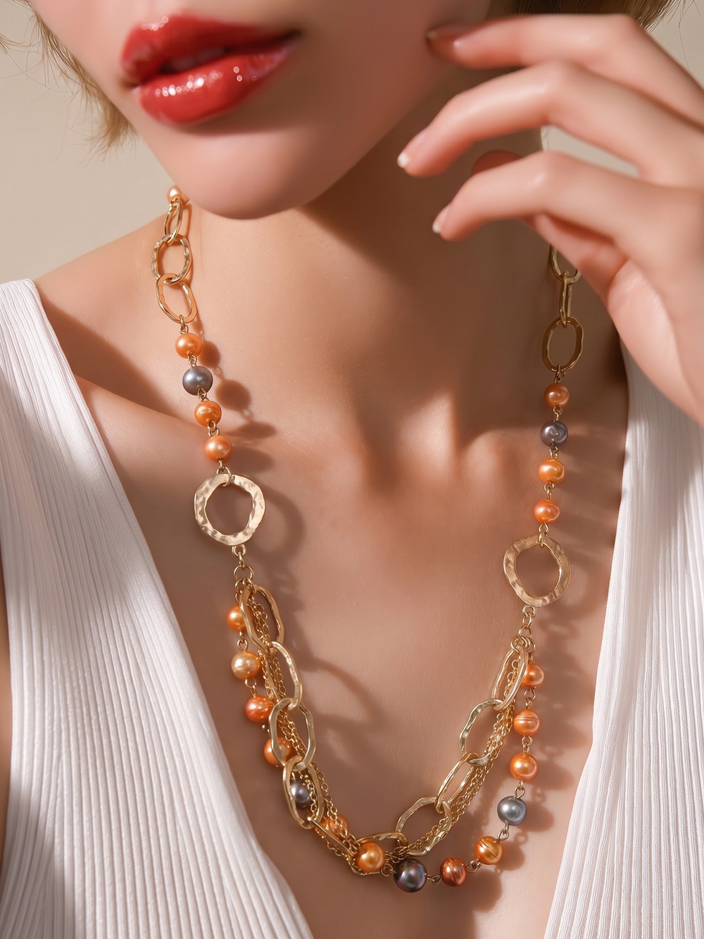 Vintage Premier Designs “ATLANTIS” Champagne Faux Pearls Gold Plated Necklace